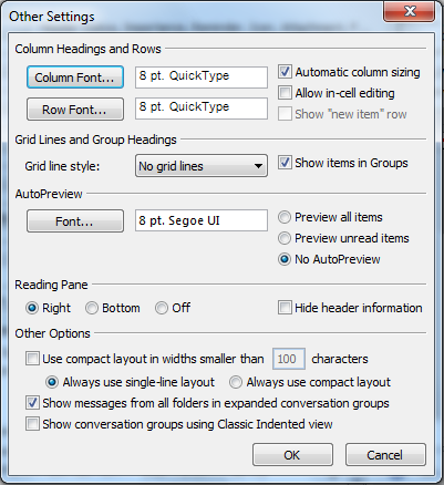 Image of how to change the font size in the list of email subjects in Outlook