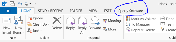 Sperry Software in Outlook 2013 toolbar