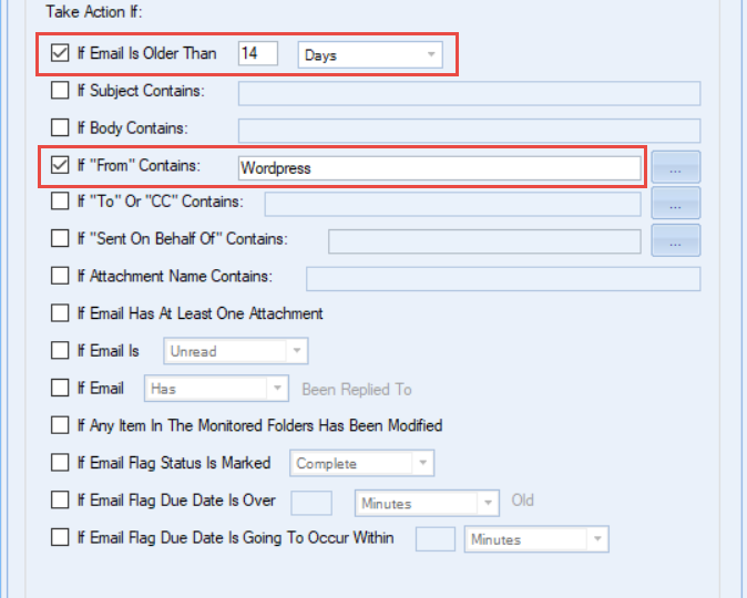 Rule conditions specify older than two weeks and from user "Wordpress"