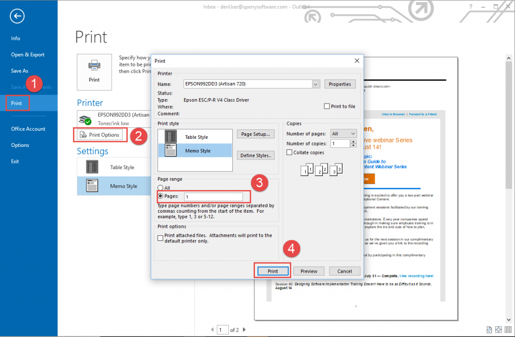 How to print only the first page from an outlook email