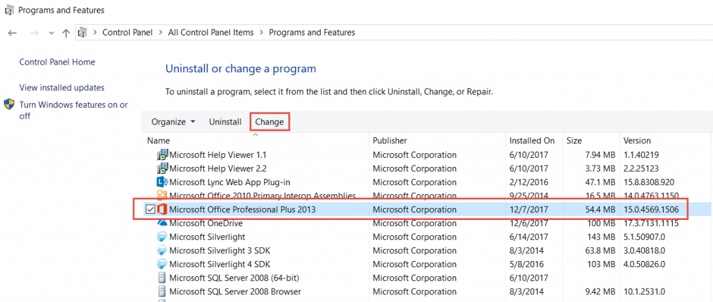Image of Microsoft Office in Control Panel...Programs and Features...Uninstall a Program