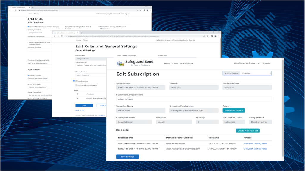 View of dashboard to control the rules over when to prompt when sending external emails.