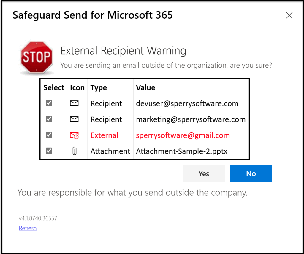 External email warning prompt with stop sign and recipients and attachments