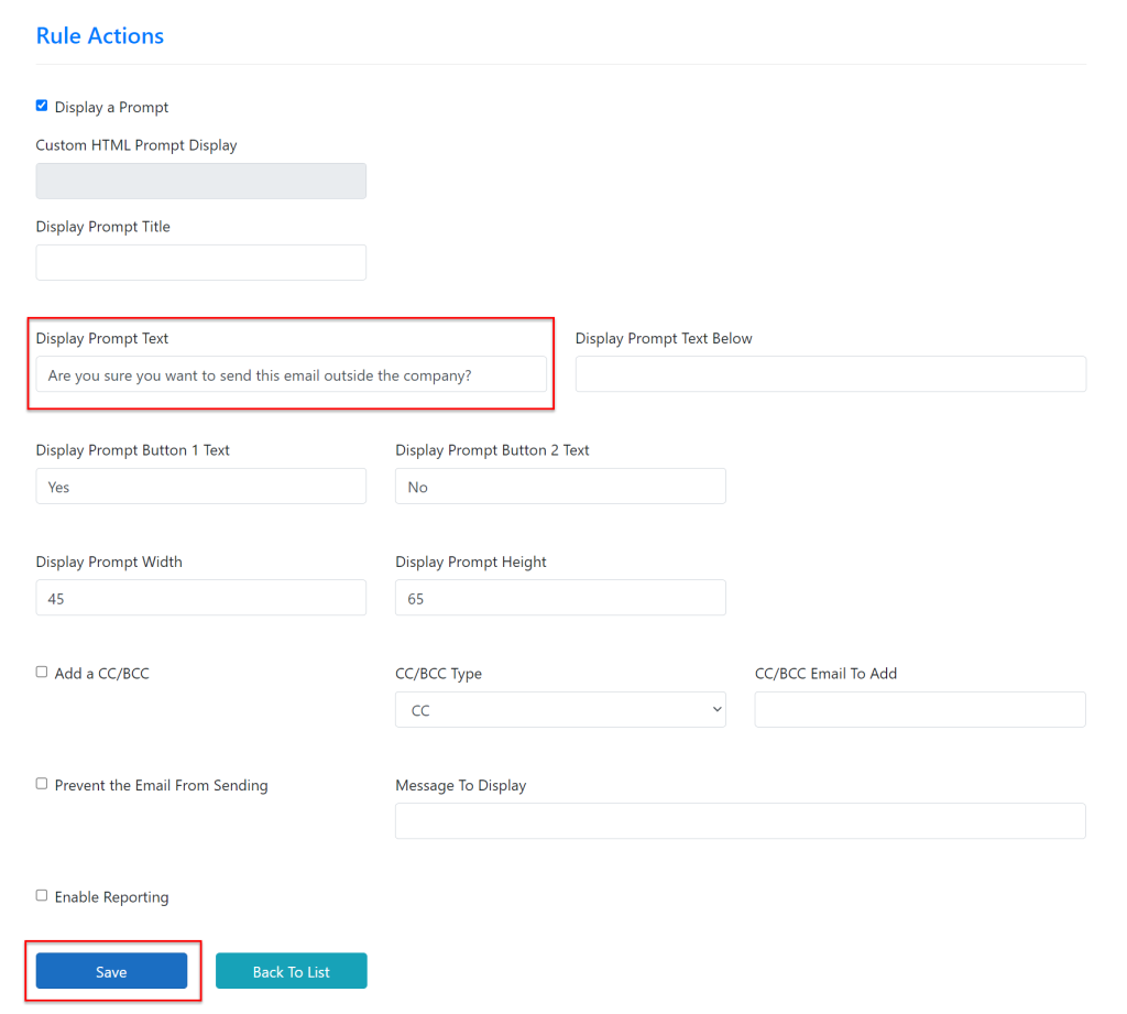 Image of Rule editing page with the prompt wording highlighted