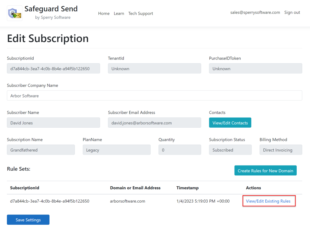 Image of Subscription page with Rule Set area highlighted