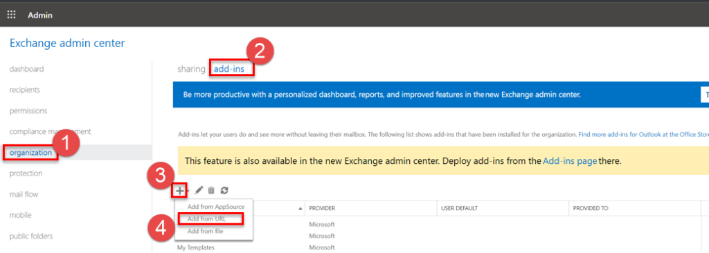 Exchange Admin Center Organization Add-ins