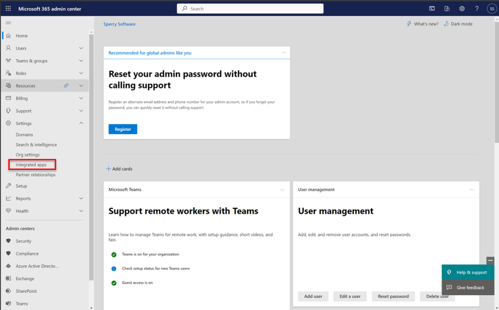 Microsoft Admin Center Integrated Apps Area