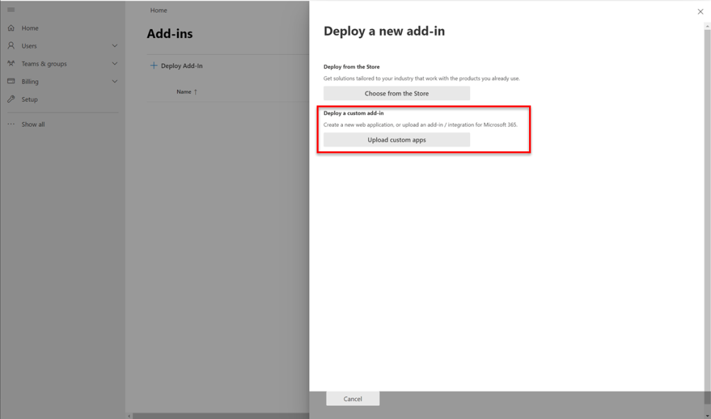 Microsoft Admin Center - Deploy a new add-in