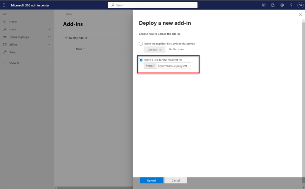 Microsoft Admin Center - Supplying the URL for the add-in's manifest file