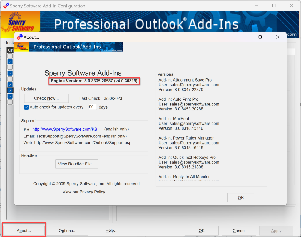 About Sperry Software add-ins window