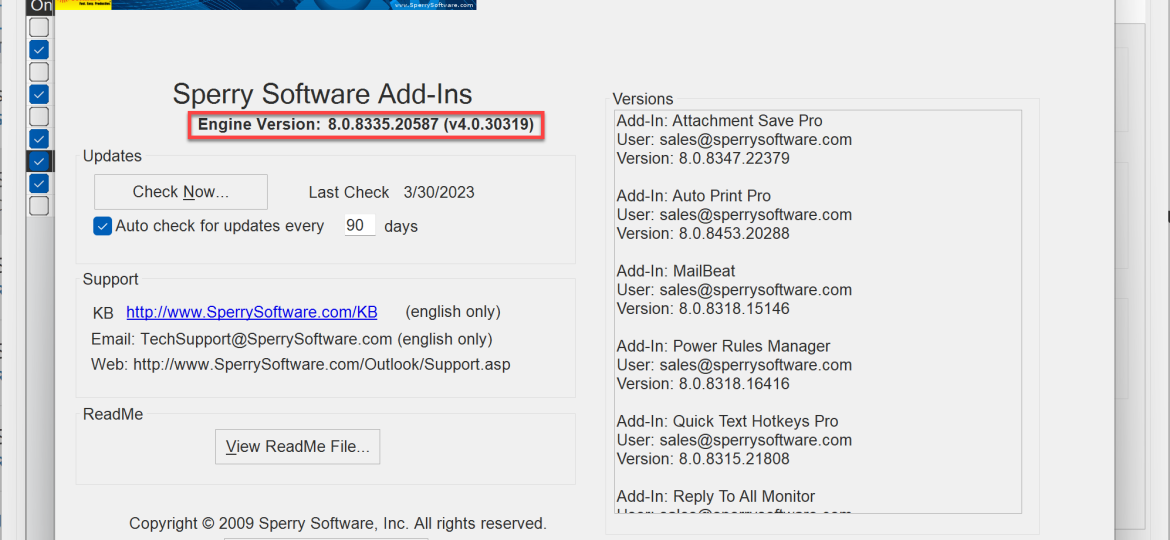 About Sperry Software add-ins window