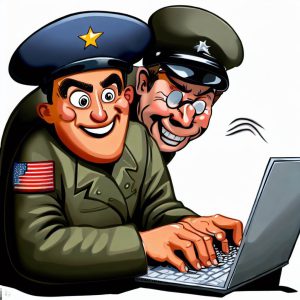 soldier sending email mistakes with a spy looking over his shoulder