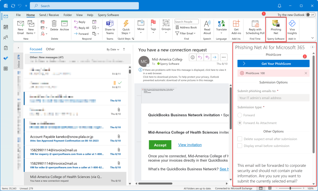 Phishing email caught with a PhishScore of 100 in this example.