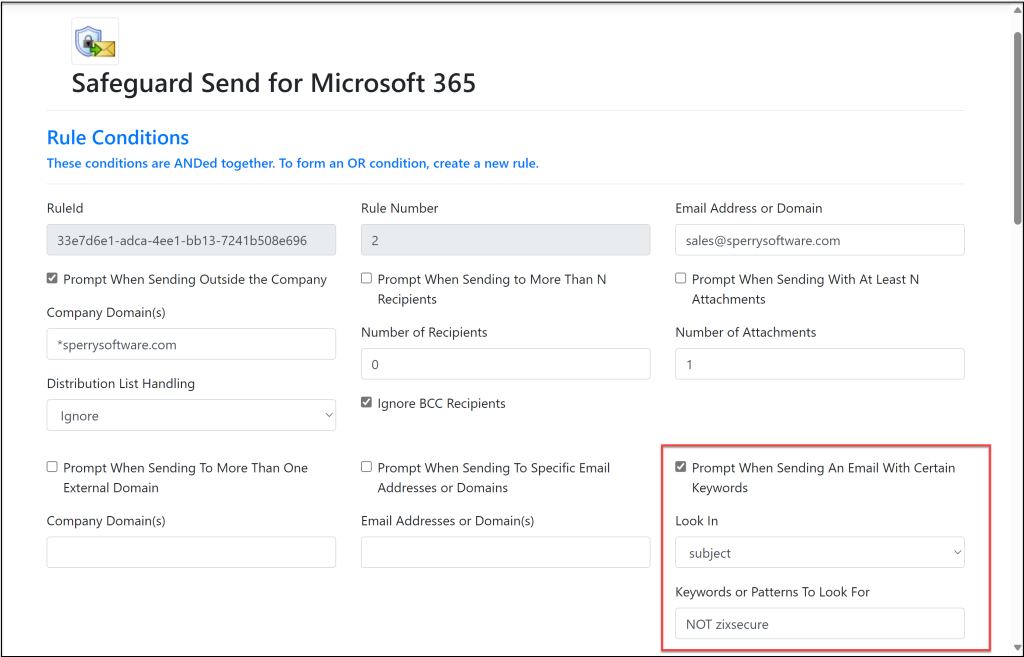 Image of rule in the dashboard showing new condition to NOT find occurrences of a keyword in the subject or body of an email.