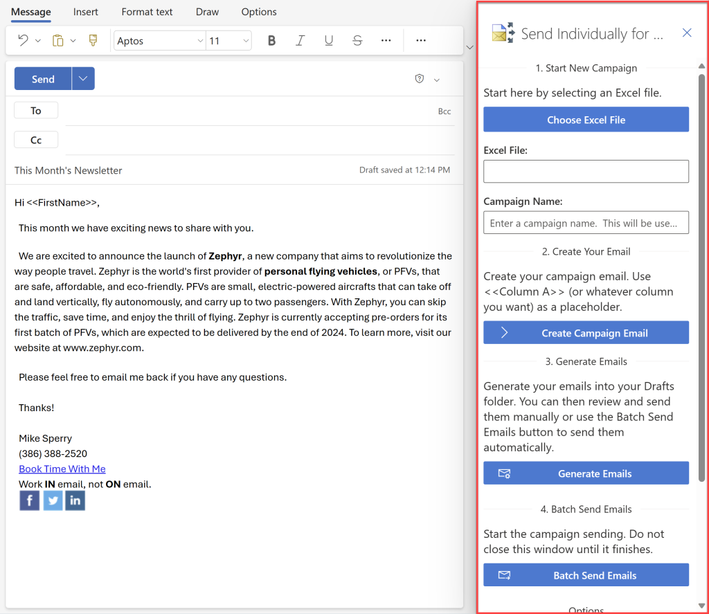 Four steps to complete a mail merge: 1) Choose your Excel file, 2) Create your campaign email, 3) Generate your personalized emails, 4) Start sending them.