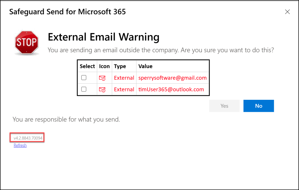 Image of how to check the version number of the app when sending an external email.