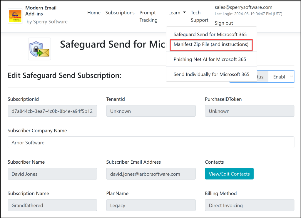 Image of where to obtain the manifest file for Safeguard Send.