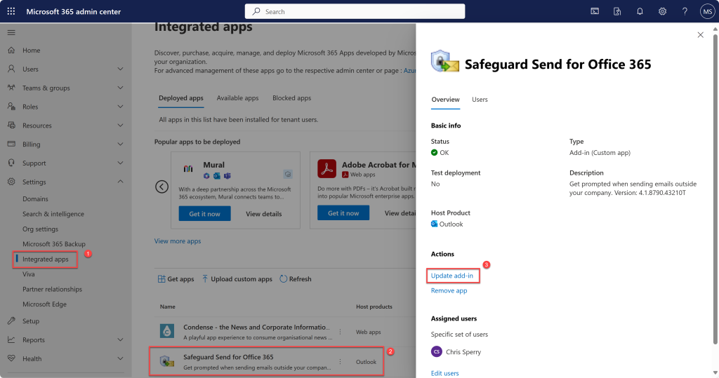 Image of how to update an add-in in Microsoft Admin Center.