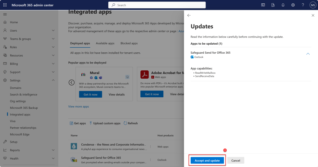 Image of accepting and updating the Microsoft 365 add-in.