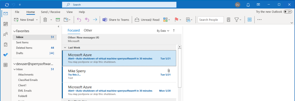 Image of typical Outlook window, showing the Inbox.