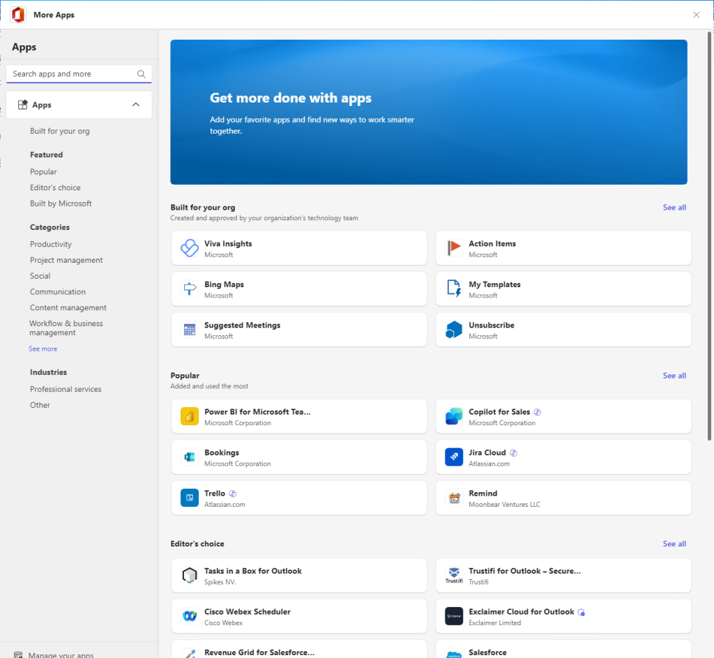 Image of Microsoft AppSource Apps from within Outlook