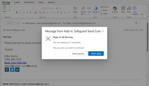 Image of prompt that has a title that says "Reply To All Warning" and says "You are replying to 2 recipients, and then asks "Are you sure you want to continue"?