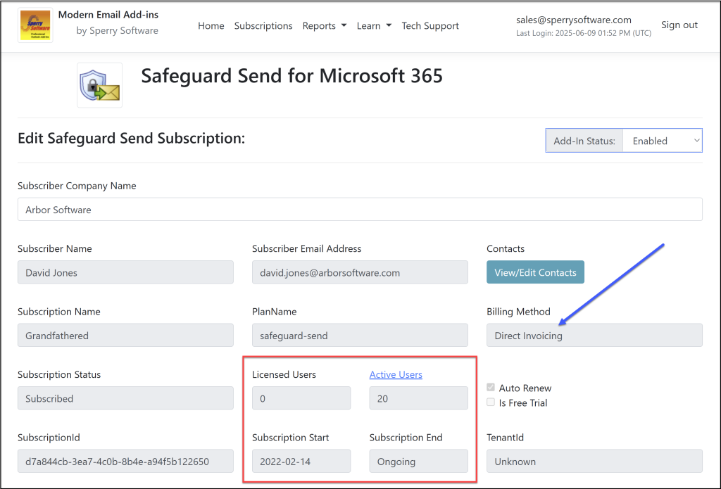Image of subscription dates and link to access the list of active users.