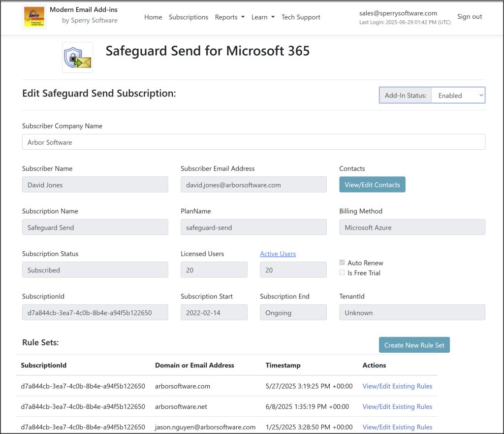 View of the Safeguard Send dashboard