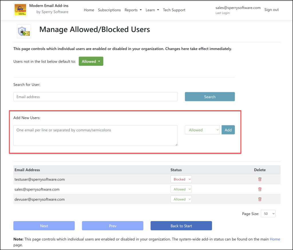 Add new users to be allowed or blocked from using the add-in in this area.