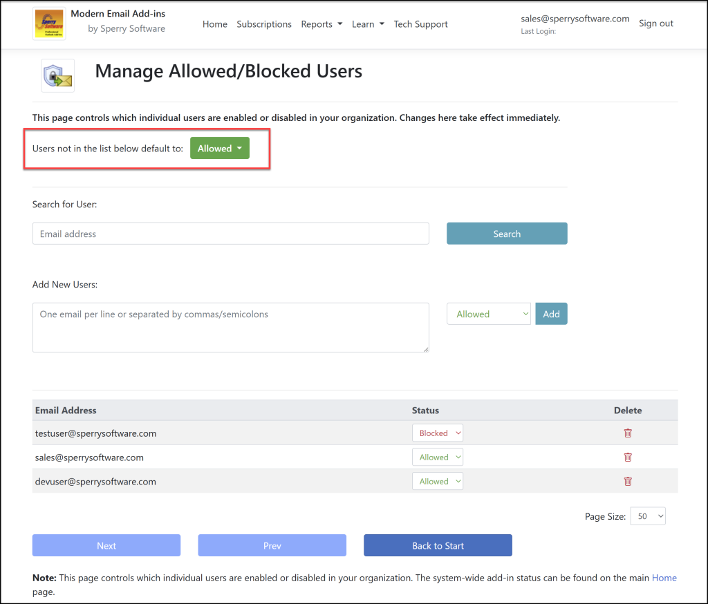 The area where the default user permissions to use the add-in are set. The default is "allowed".