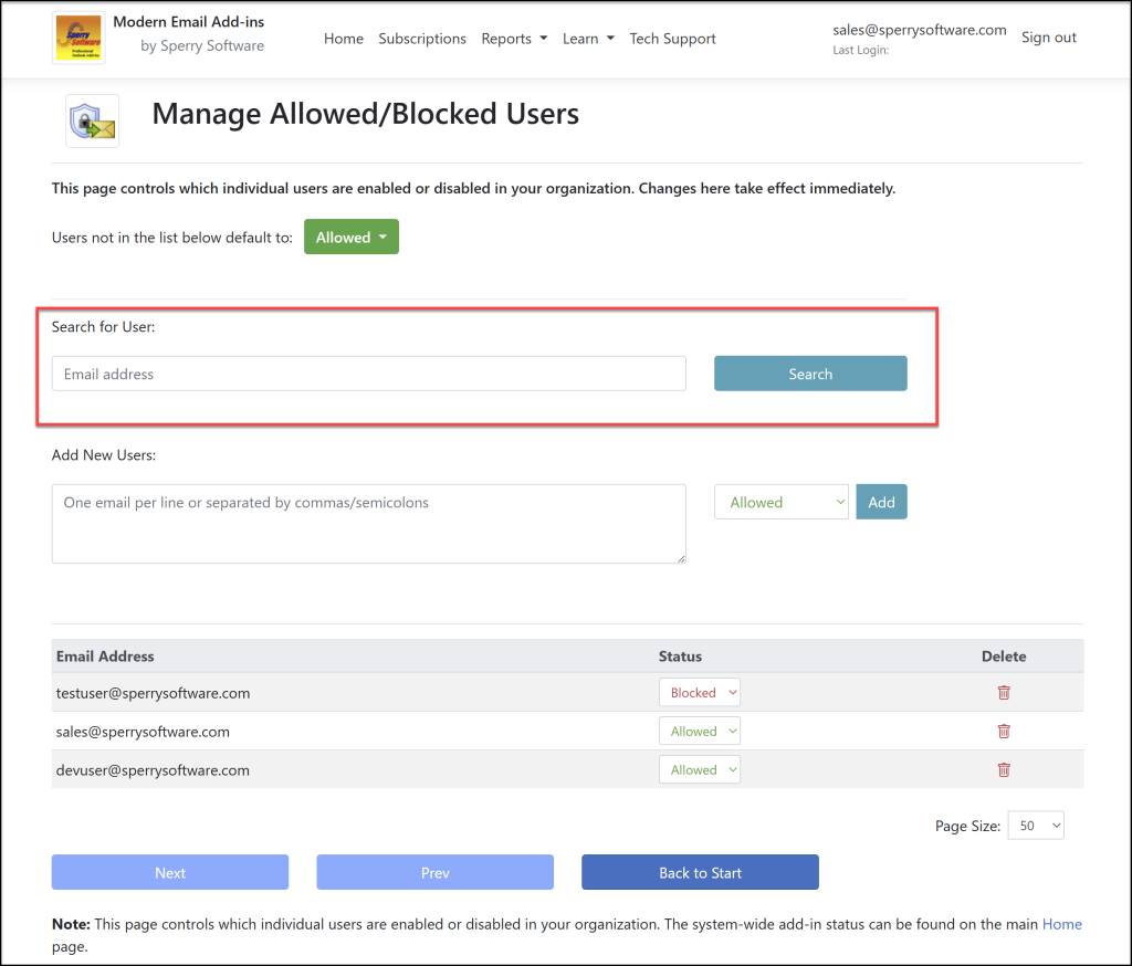 Search for users in the Allowed/Blocked table below