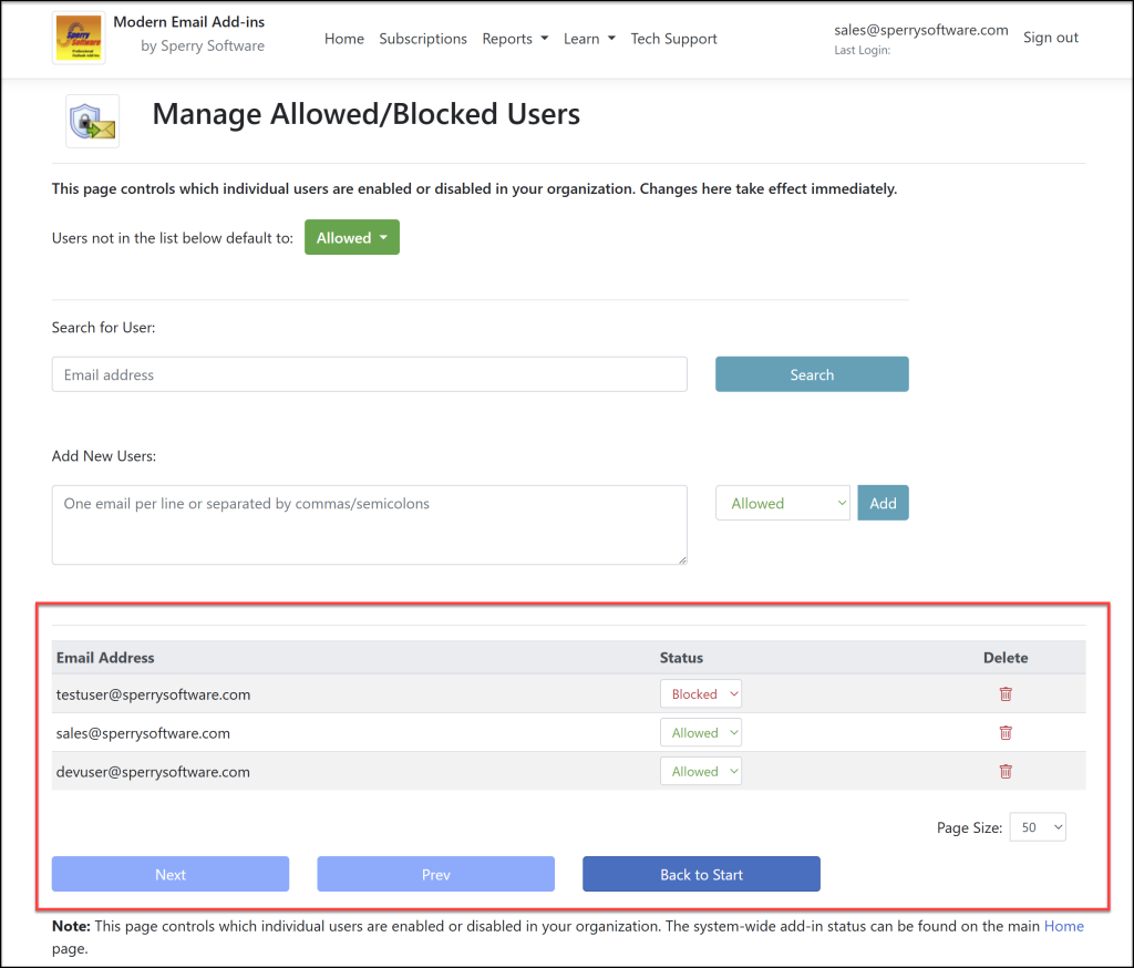 The list of users who are allowed (or blocked) from using the add-in.