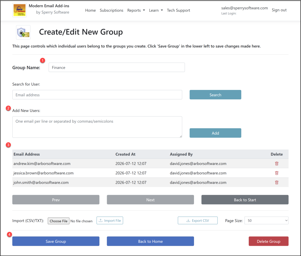 Image of group management page, showing group name, individual email addresses, import/export of groups, and the Save button.