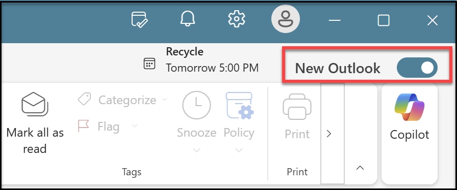 New Outlook selector toggle set to On