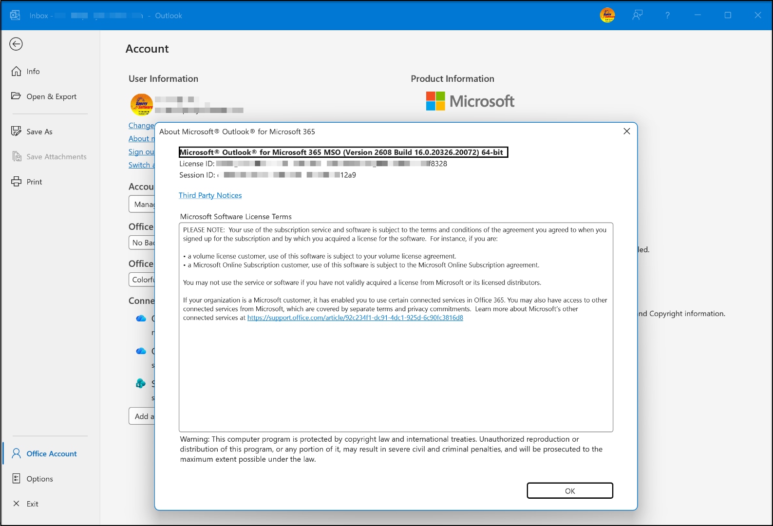 About Microsoft Outlook for Microsoft 365 dialog showing Version 2608 Build 16.0.20326.20072 64-bit