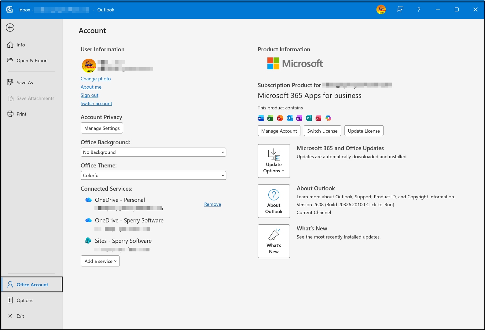 Classic desktop Outlook File Office Account pane with Product Information and About Outlook button