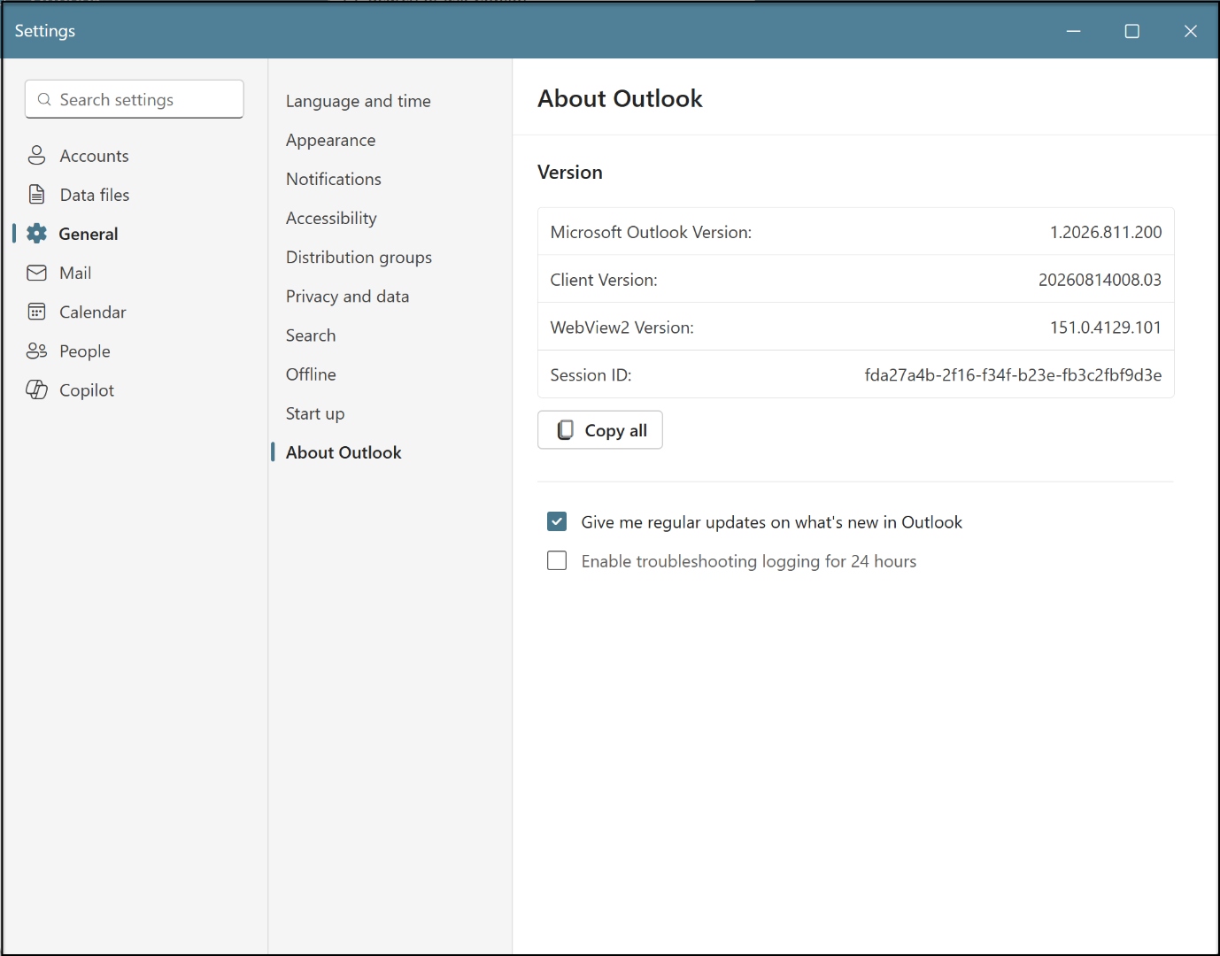 New Outlook Settings General About Outlook showing Microsoft Outlook Version 1.2026.811.200